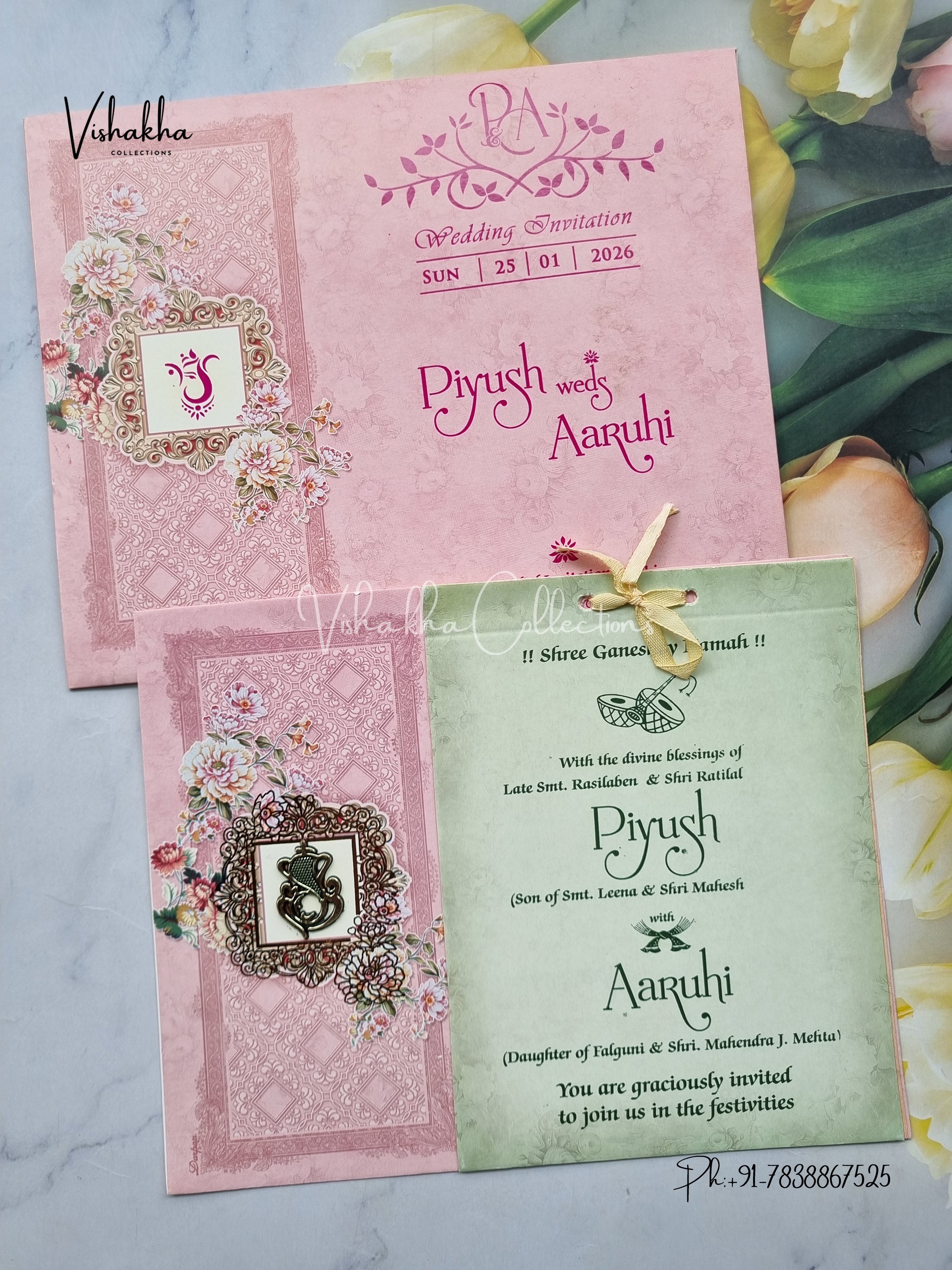Semi Box Hathi Double Door Hindu Muslim Christian Sikh pink Colored invitation Cards SK-3509