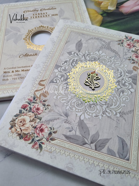 Semi Box Flower Hindu Muslim Christian Sikh Pale Yellow Colored invitation Cards NA-1125-141