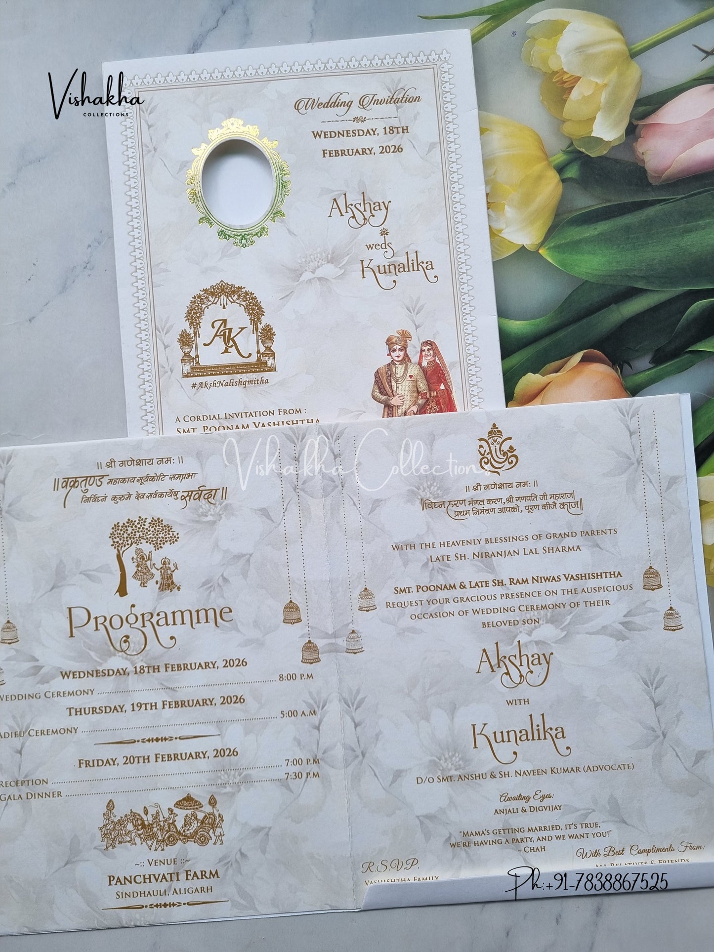 Semi Box Ganesh Ji Dulah Dulhan Flower Hindu Cream Colored invitation Cards NA-1125-142