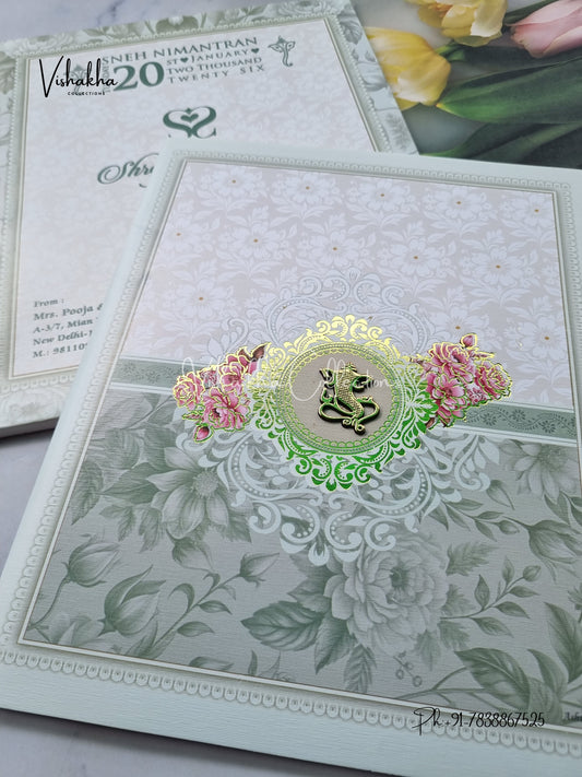 Semi Box Flower Hindu Muslim Christian Sikh Pastel Green Colored invitation Cards NA-1125-147