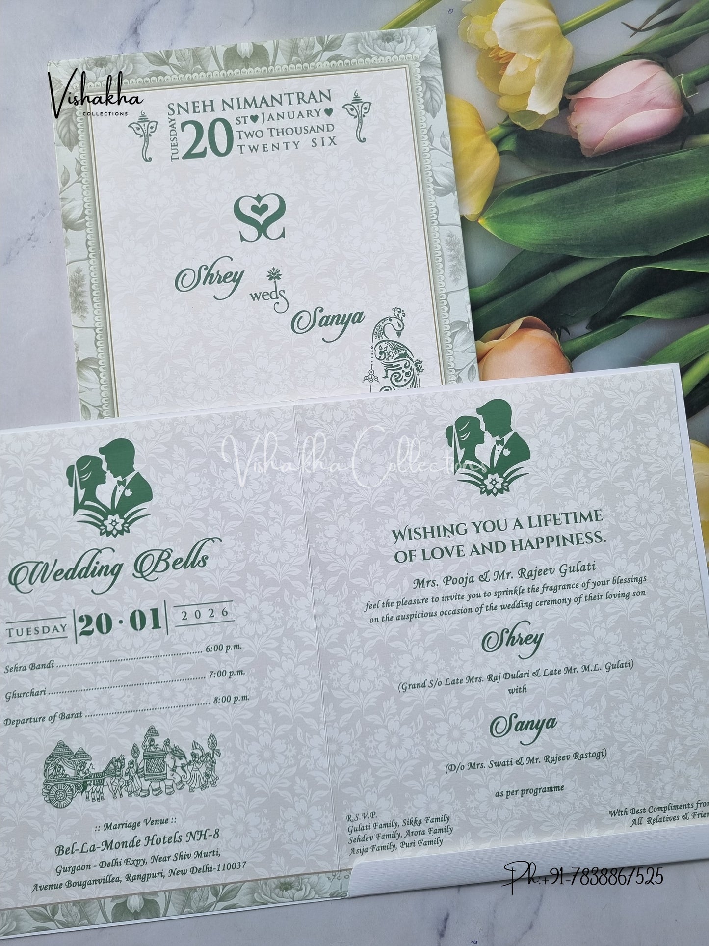 Semi Box Flower Hindu Muslim Christian Sikh Pastel Green Colored invitation Cards NA-1125-147