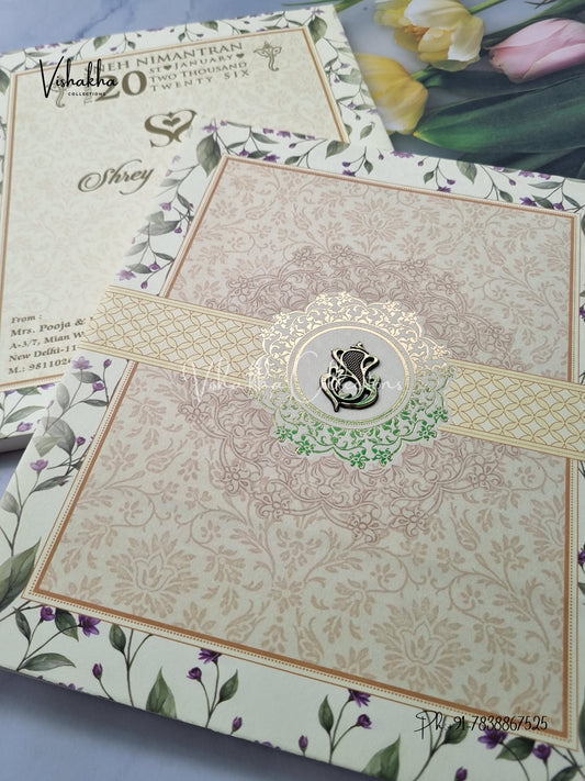 Semi Box Flower Hindu Muslim Christian Sikh Cream Colored invitation Cards NA-1125-150