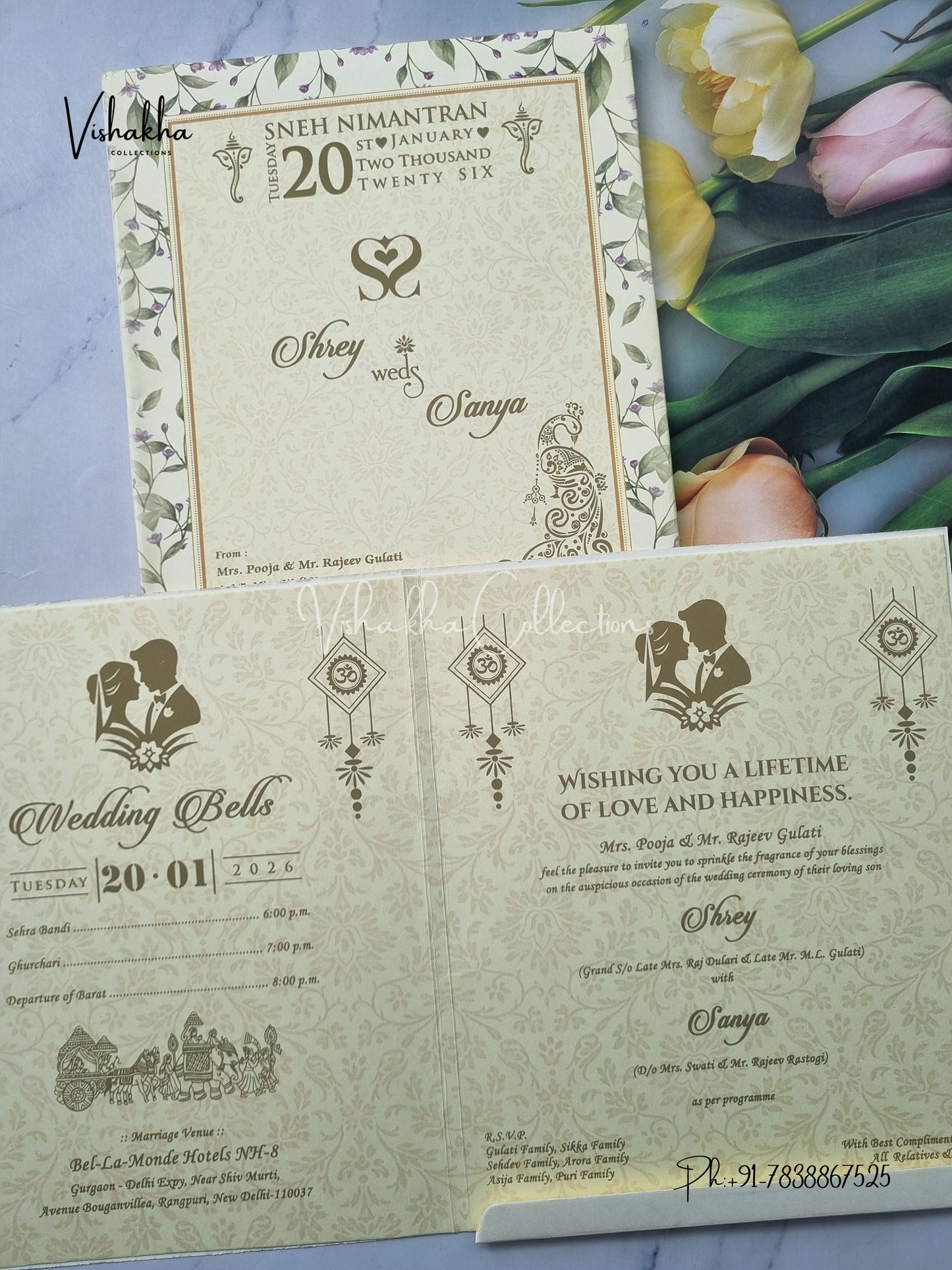 Semi Box Flower Hindu Muslim Christian Sikh Cream Colored invitation Cards NA-1125-150