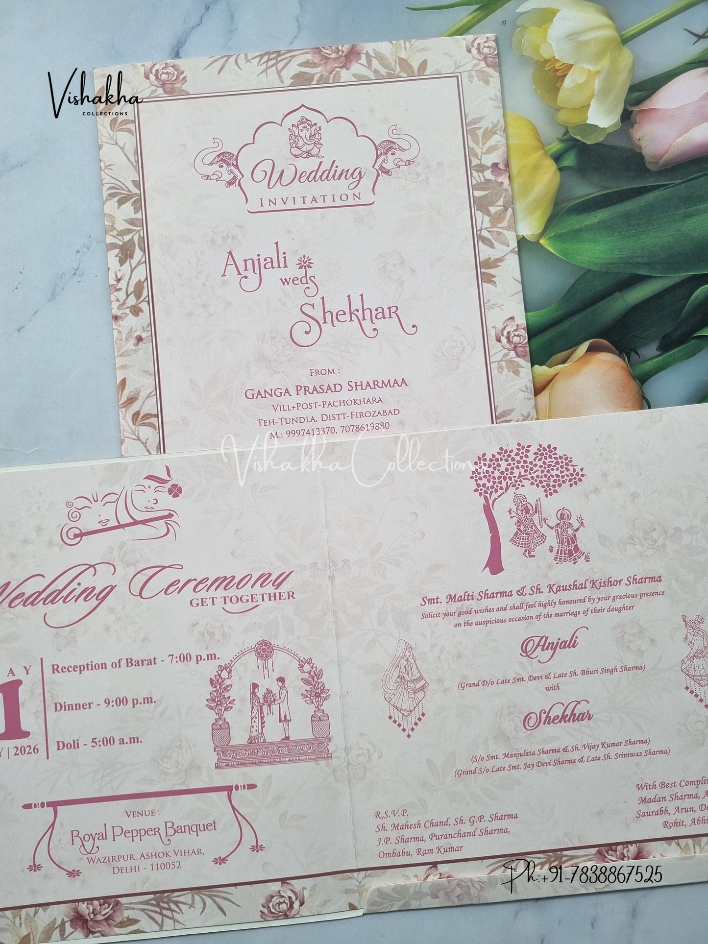 Flower Hindu Muslim Christian Sikh Peach Colored invitation Cards NA-1125-156