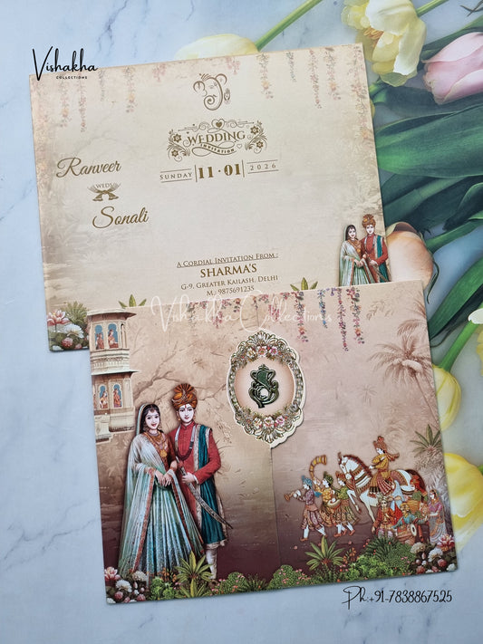 Barat Dulah Dulhan Double Door Hindu Green And Brown Colored invitation Cards NA-1125-163