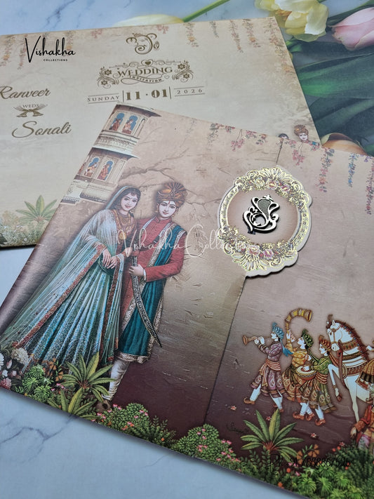 Barat Dulah Dulhan Double Door Hindu Green And Brown Colored invitation Cards NA-1125-163