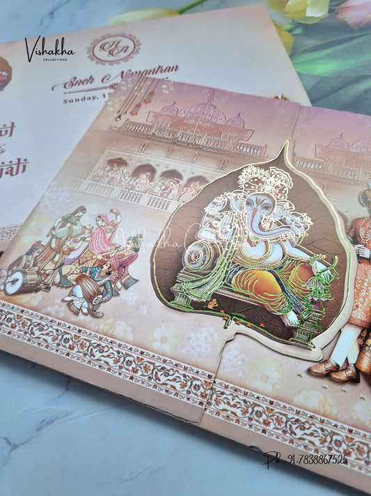 Semi Box Ganesh Ji Dulah Dulhan Double Door Hindu Peach Pink Colored invitation Cards NA-1125-24