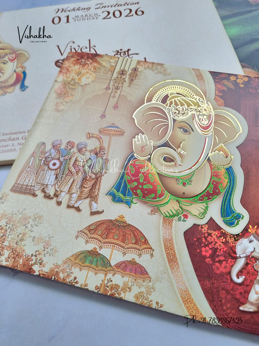 Barat Semi Box Hathi Ganesh Ji Double Door Hindu Yellow And Brown Colored invitation Cards NA-1125-25