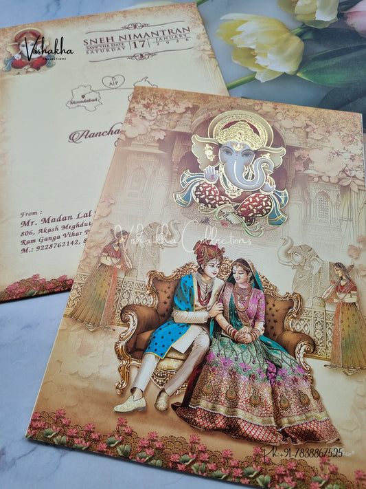 Ganesh Ji Dulah Dulhan Hindu Light Yellow Colored invitation Cards NA-1125-31