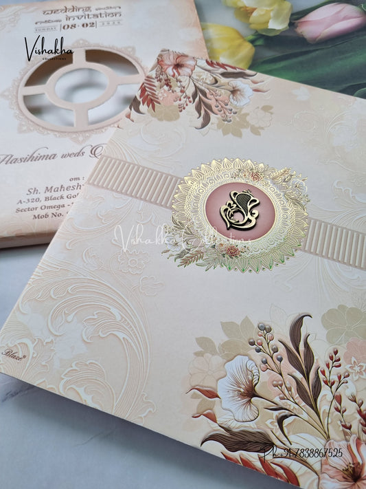 Semi Box Flower Hindu Muslim Christian Sikh Peach Colored invitation Cards NA-1125-39