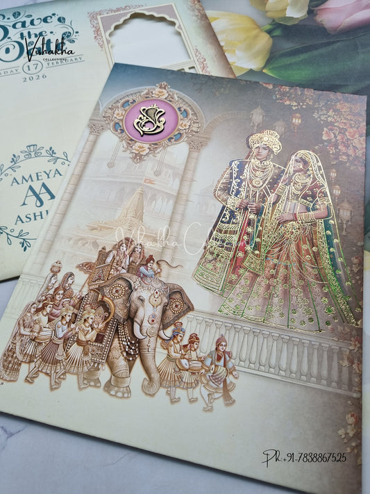 Barat Hathi Dulah Dulhan Hindu Light Blue Colored invitation Cards NA-1125-41