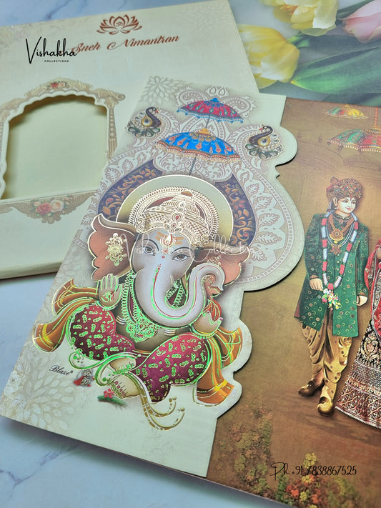 Semi Box Ganesh Ji Dulah Dulhan Double Door Hindu Cream And Mehndi Green Colored invitation Cards NA-1125-45