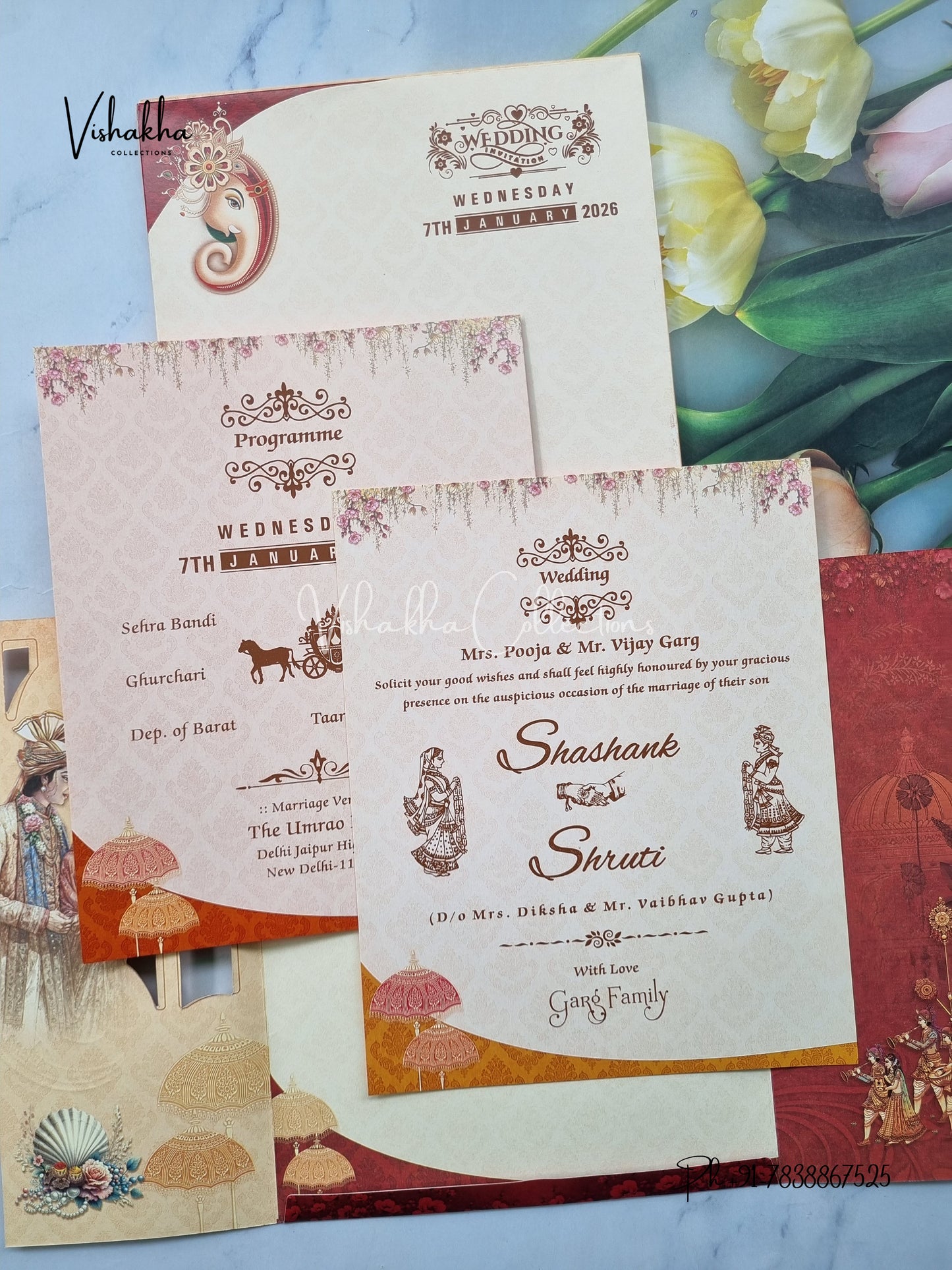 Barat Semi Box Ganesh Ji Dulah Dulhan Double Door Hindu Light Brown And Red Colored invitation Cards NA-1125-46
