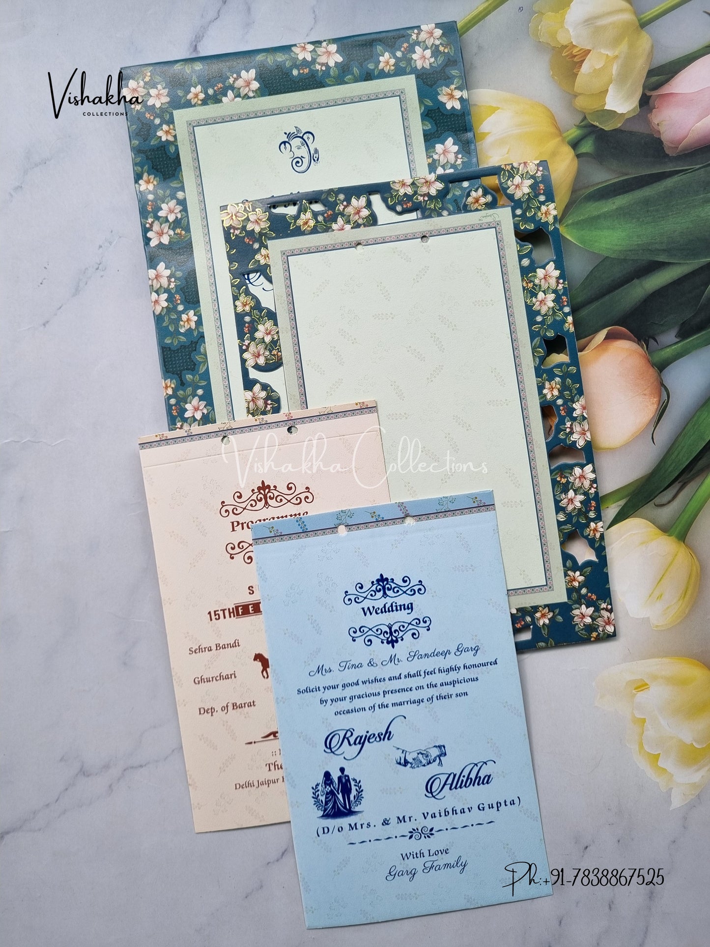 Semi Box Flower Hindu Muslim Christian Sikh Aqua Blue Colored invitation Cards NA-1125-54