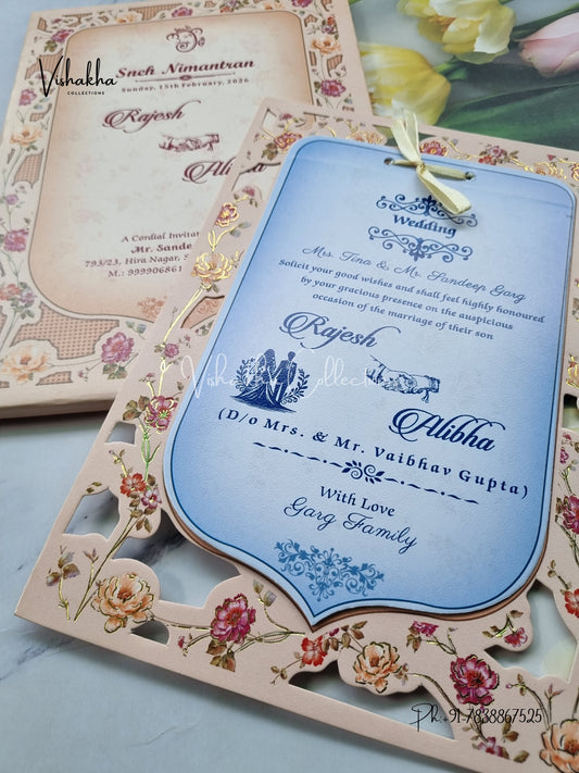 Semi Box Flower Hindu Muslim Christian Sikh Peach Colored invitation Cards NA-1125-55