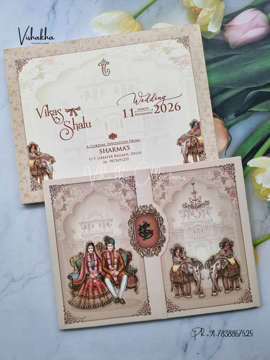Semi Box Hathi Dulah Dulhan Double Door Hindu Light Brown Colored invitation Cards NA-1125-77