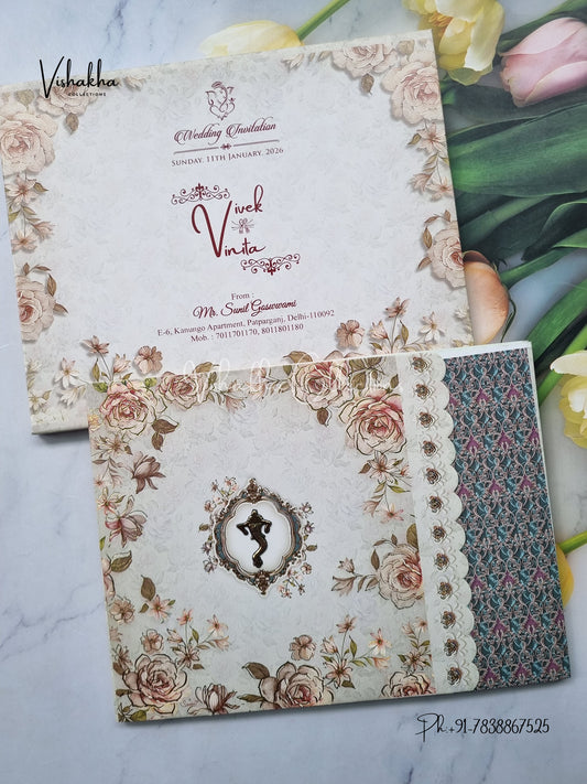 Semi Box Flower Hindu Muslim Christian Sikh Greyish Green Colored invitation Cards NA-1125-78