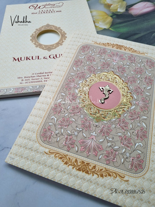 Semi Box Flower Hindu Muslim Christian Sikh Cream And Pink Colored invitation Cards NA-1125-91