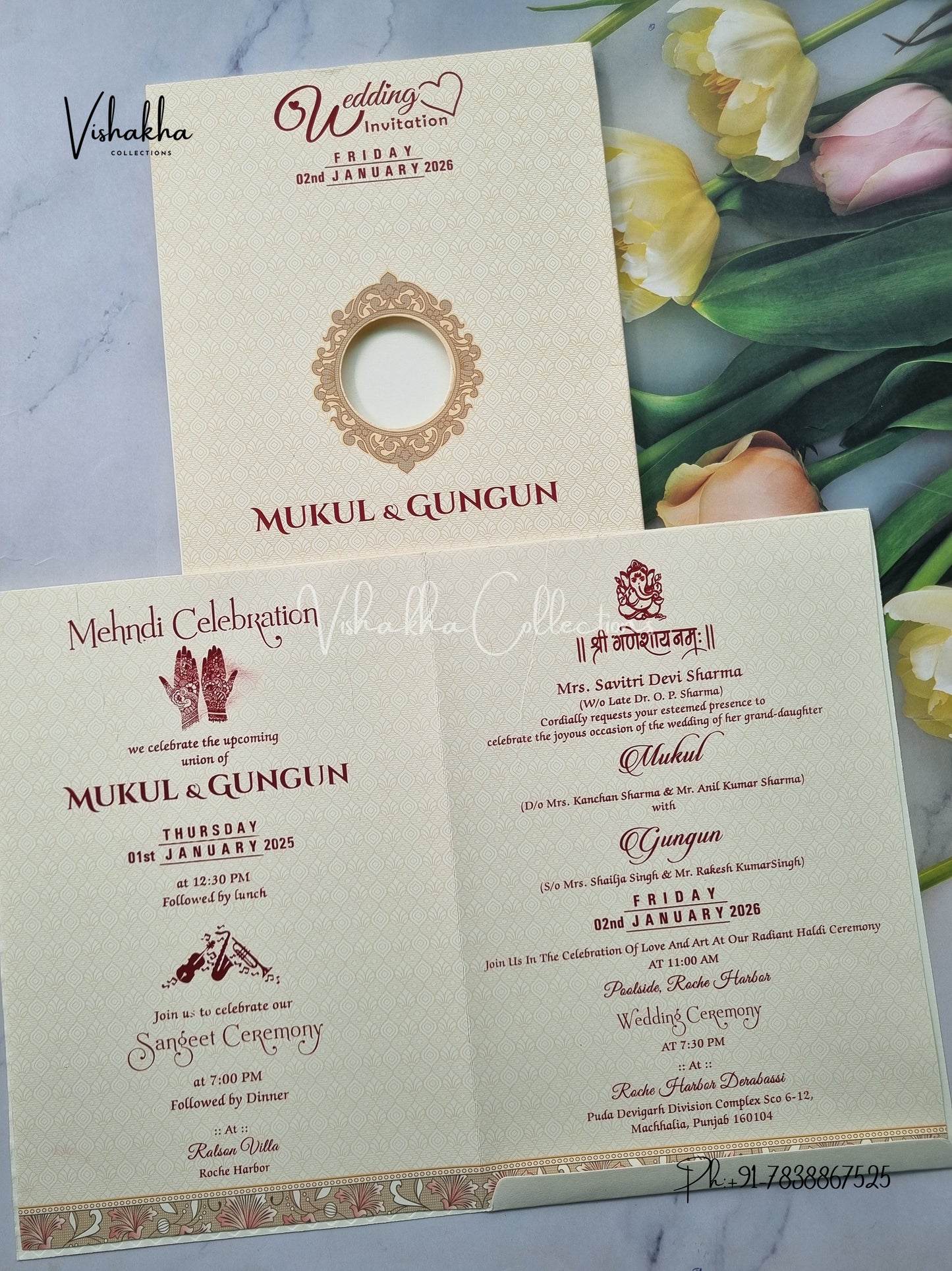 Semi Box Flower Hindu Muslim Christian Sikh Cream And Pink Colored invitation Cards NA-1125-91