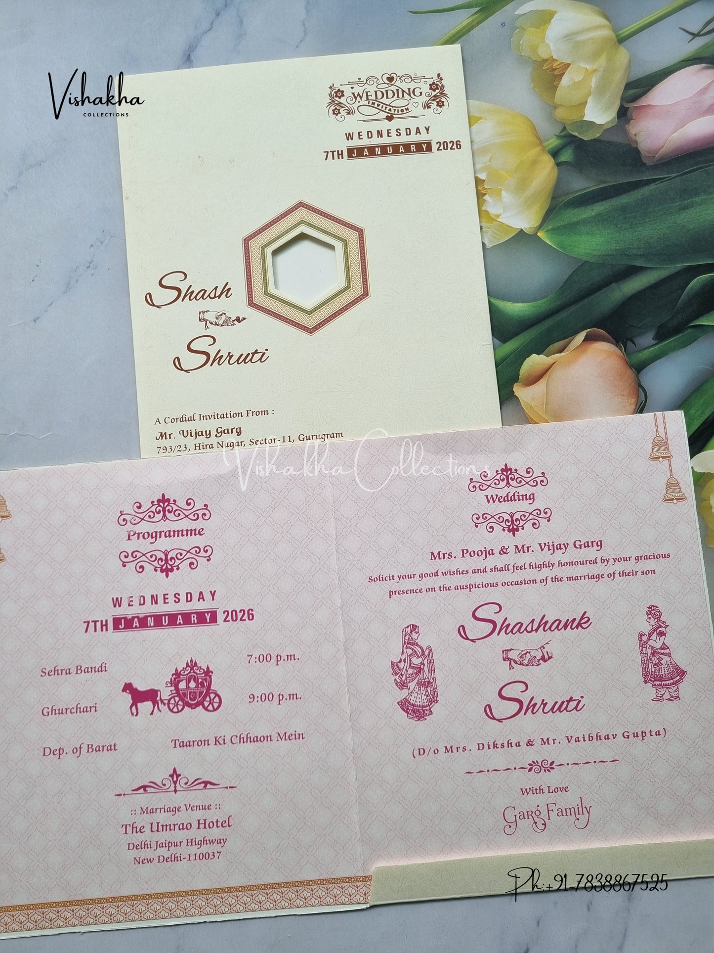 Flower Hindu Muslim Christian Sikh Light Yellow And Pink Colored invitation Cards NA-1125-99