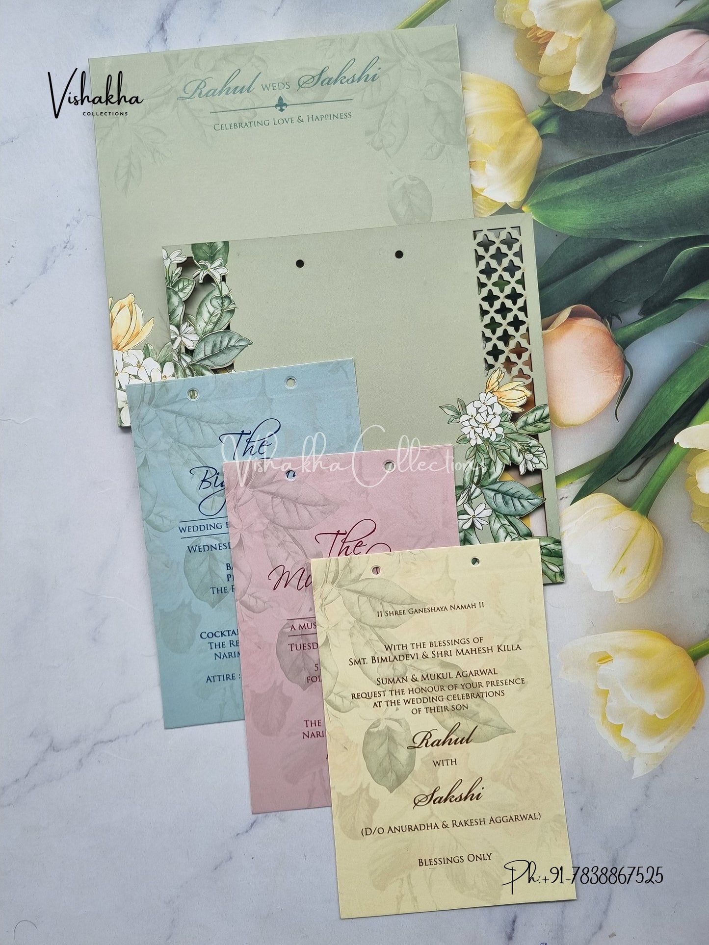 Semi Box Flower Hindu Muslim Christian Sikh MDF Board Laser Cut pista green Colored invitation Cards SK-3126