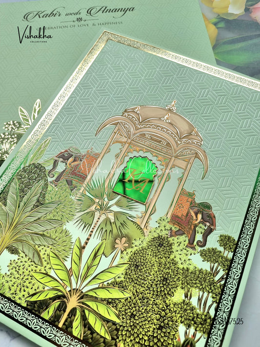 Hathi Hindu Muslim Christian Sikh Padded light green Colored invitation Cards SK-3277