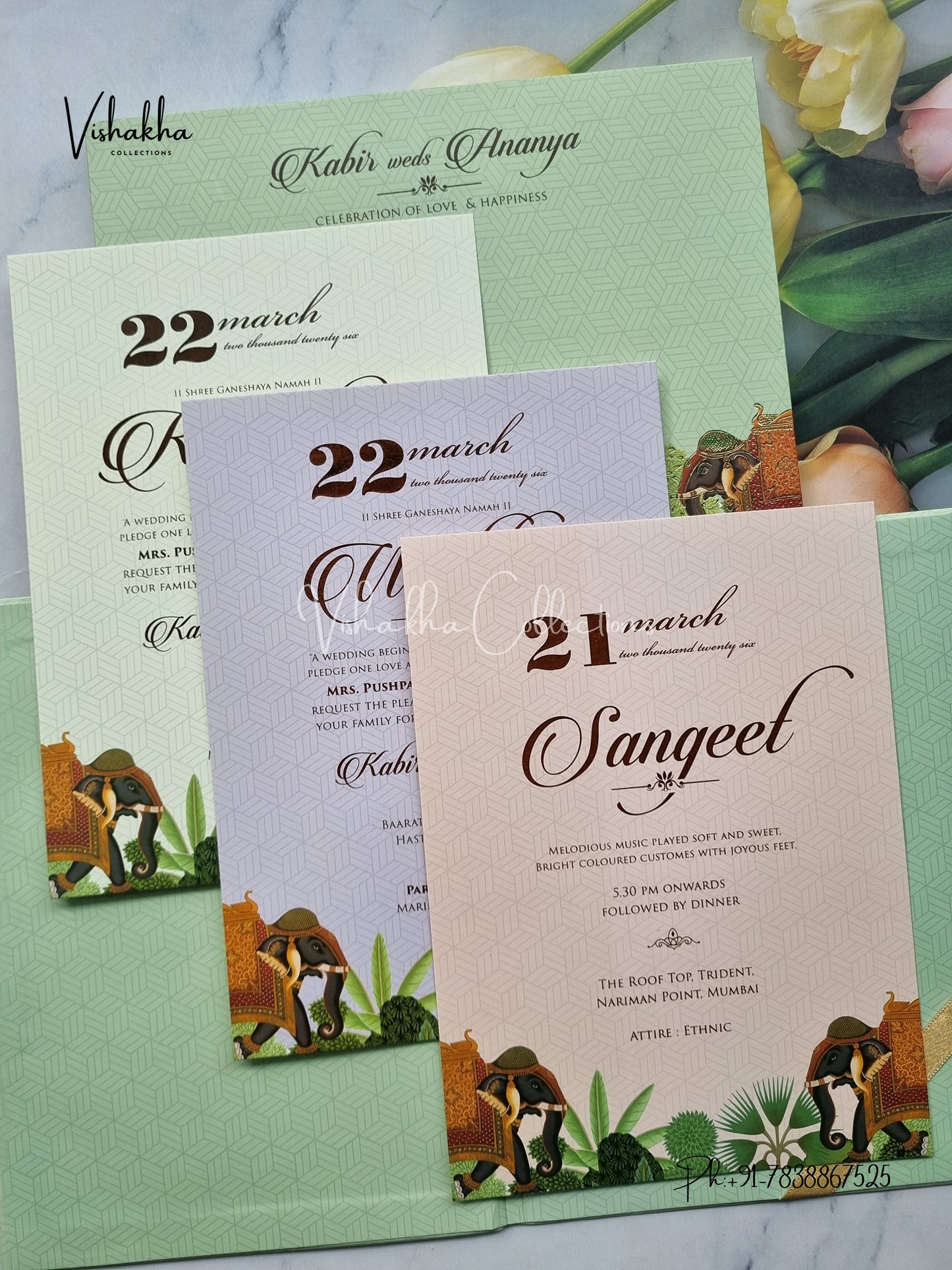 Hathi Hindu Muslim Christian Sikh Padded light green Colored invitation Cards SK-3277