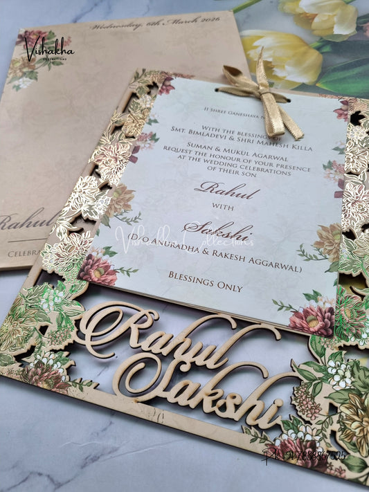 Semi Box Flower Hindu Muslim Christian Sikh Named MDF Laser Cut muddy brown Colored invitation Cards SK-3288