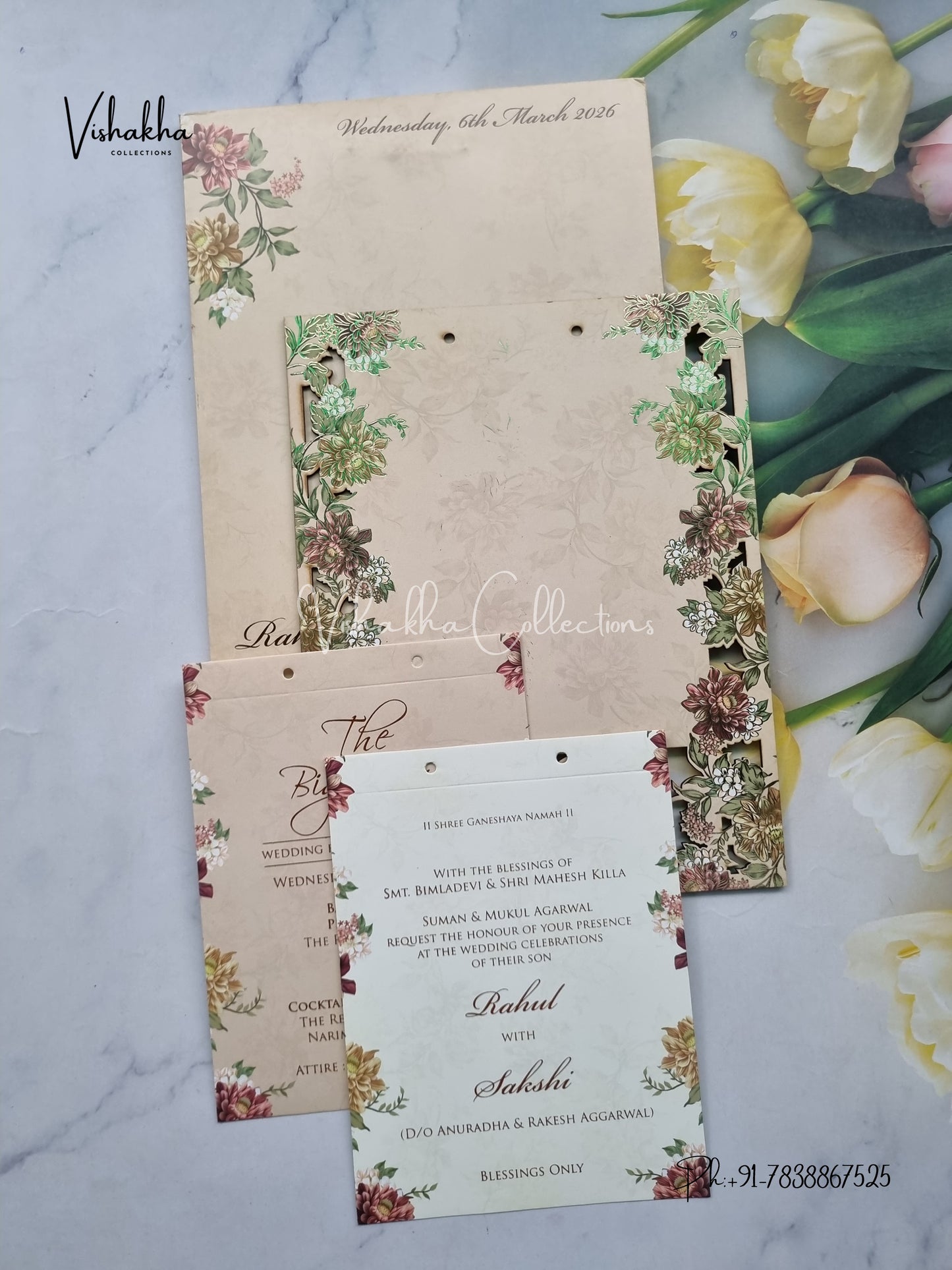 Semi Box Flower Hindu Muslim Christian Sikh Named MDF Laser Cut muddy brown Colored invitation Cards SK-3288