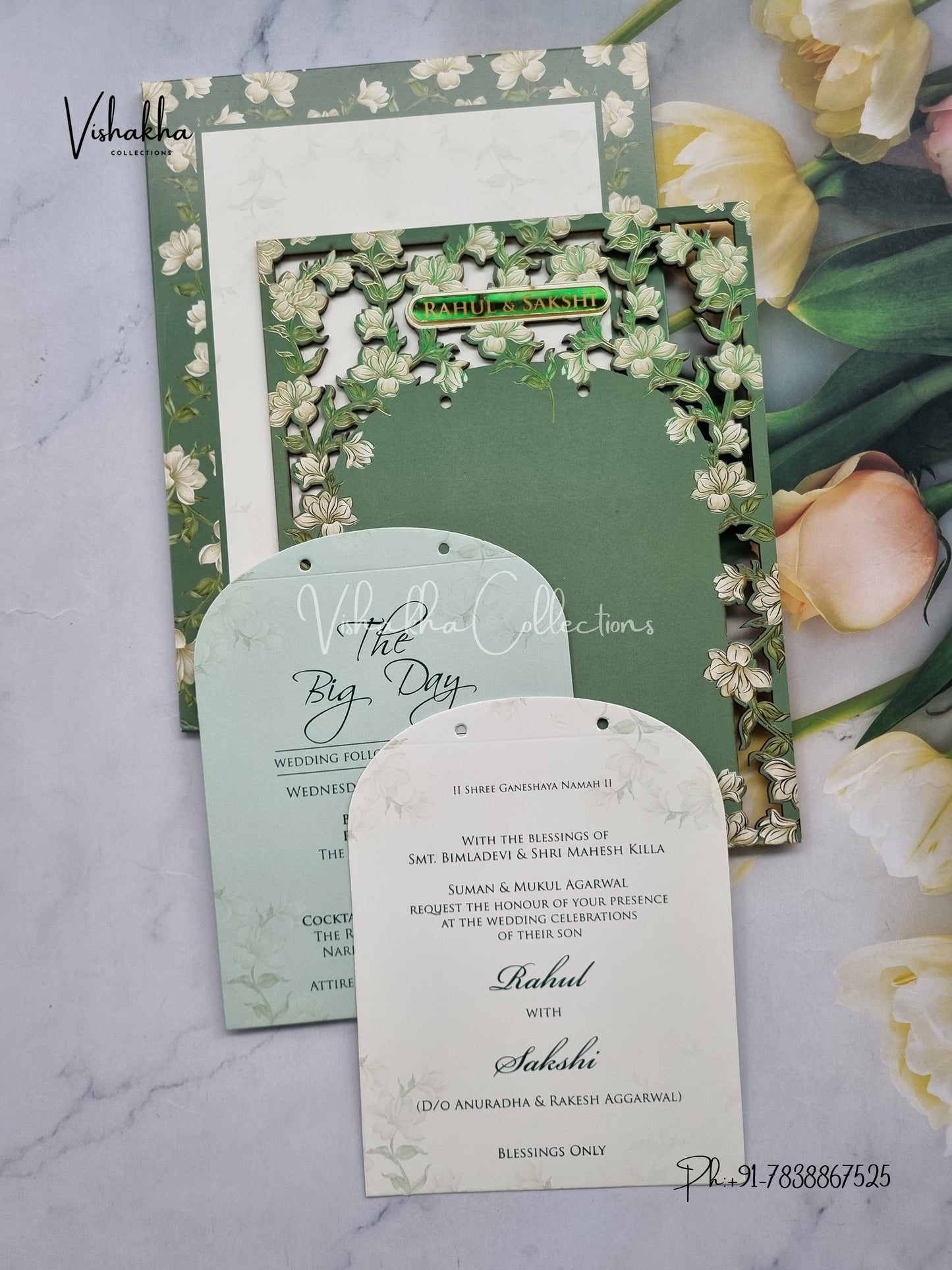 Semi Box Hindu Muslim Christian Sikh MDF Board Laser Cut green Colored invitation Cards SK-3289