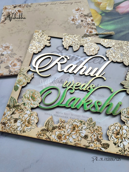 Semi Box Flower Hindu Muslim Christian Sikh Named MDF Laser Cut Vellum Paper muddy Colored invitation Cards SK-3293