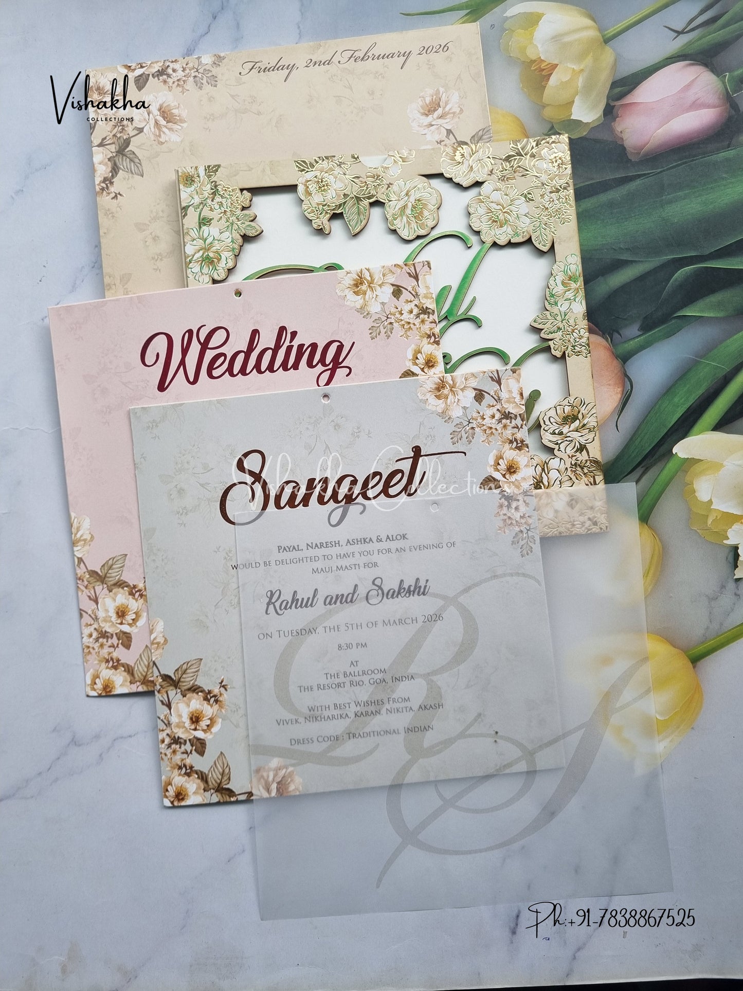 Semi Box Flower Hindu Muslim Christian Sikh Named MDF Laser Cut Vellum Paper muddy Colored invitation Cards SK-3293