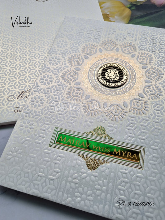 Semi Box Ganesh Ji Hindu Padded white Colored invitation Cards SK-3324