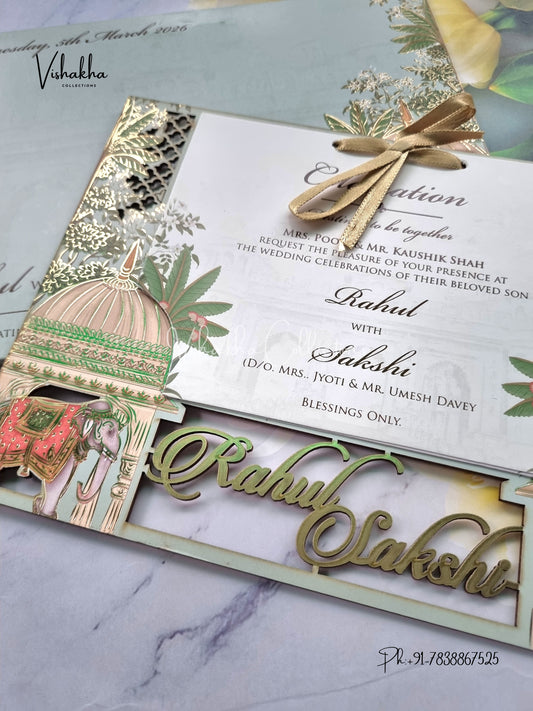 Semi Box Hathi Hindu Muslim Christian Sikh Named MDF Laser Cut light green Colored invitation Cards SK-3357