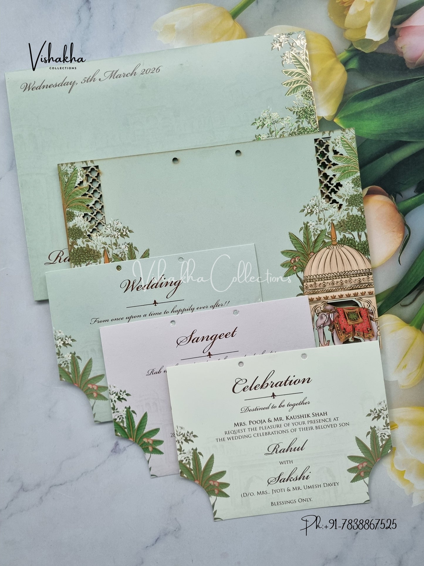 Semi Box Hathi Hindu Muslim Christian Sikh Named MDF Laser Cut light green Colored invitation Cards SK-3357