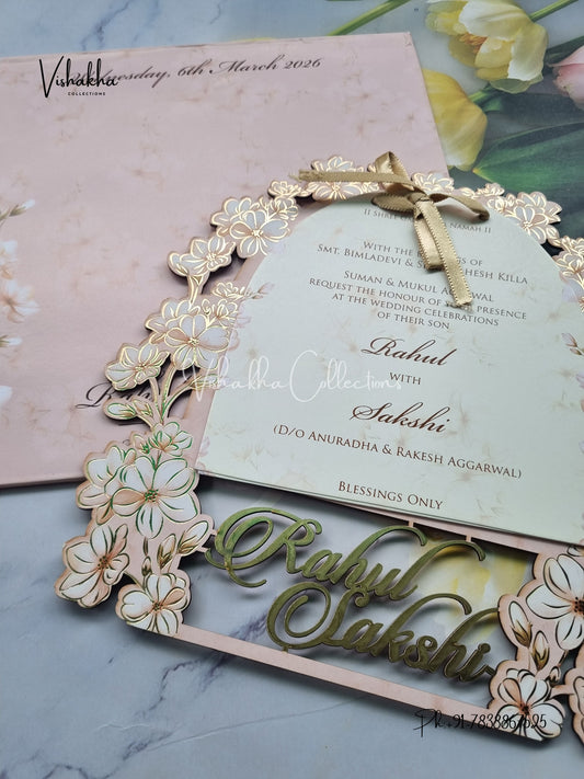 Semi Box Flower Hindu Muslim Christian Sikh Named MDF Laser Cut light pink Colored invitation Cards SK-3359