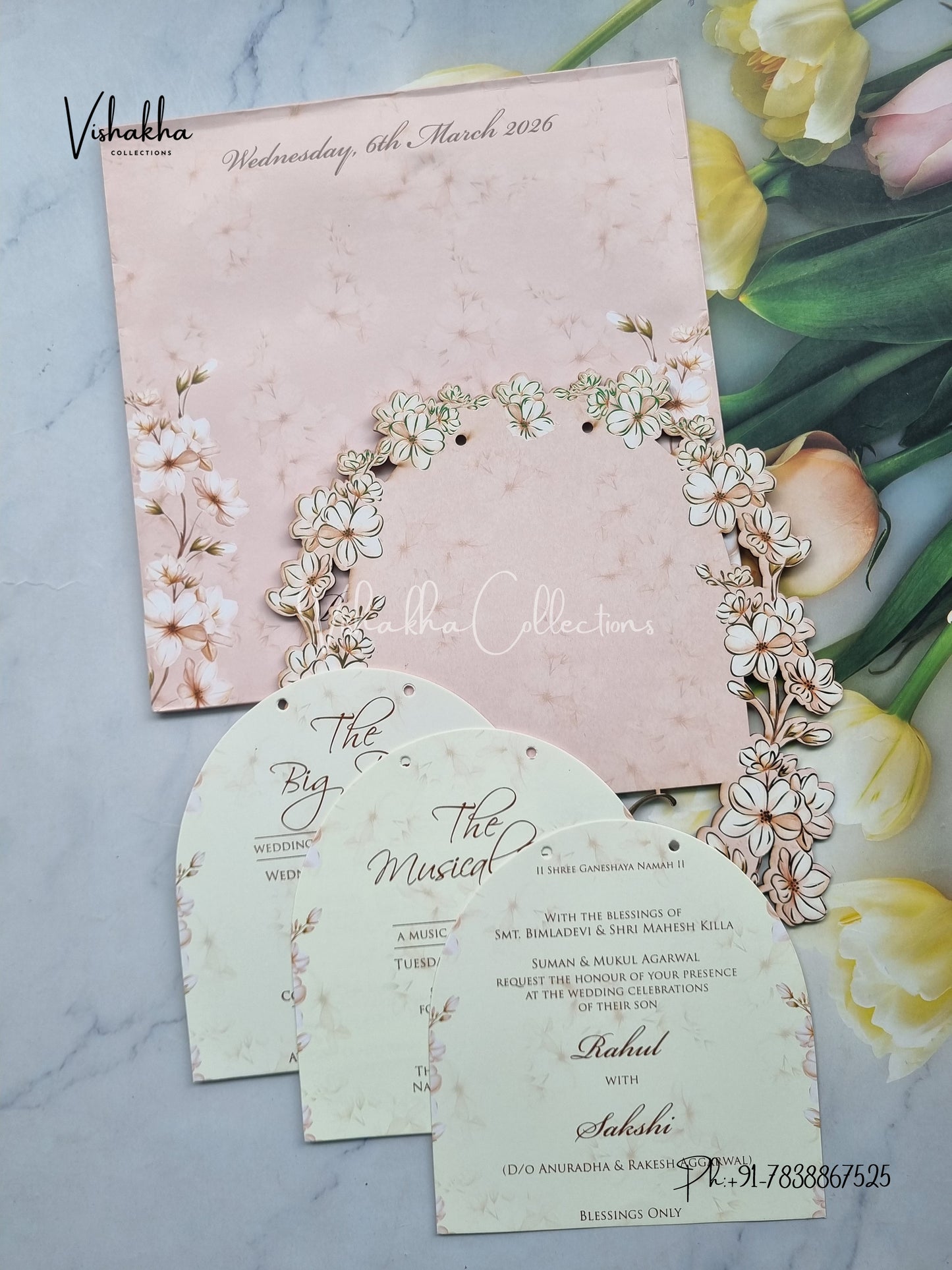 Semi Box Flower Hindu Muslim Christian Sikh Named MDF Laser Cut light pink Colored invitation Cards SK-3359