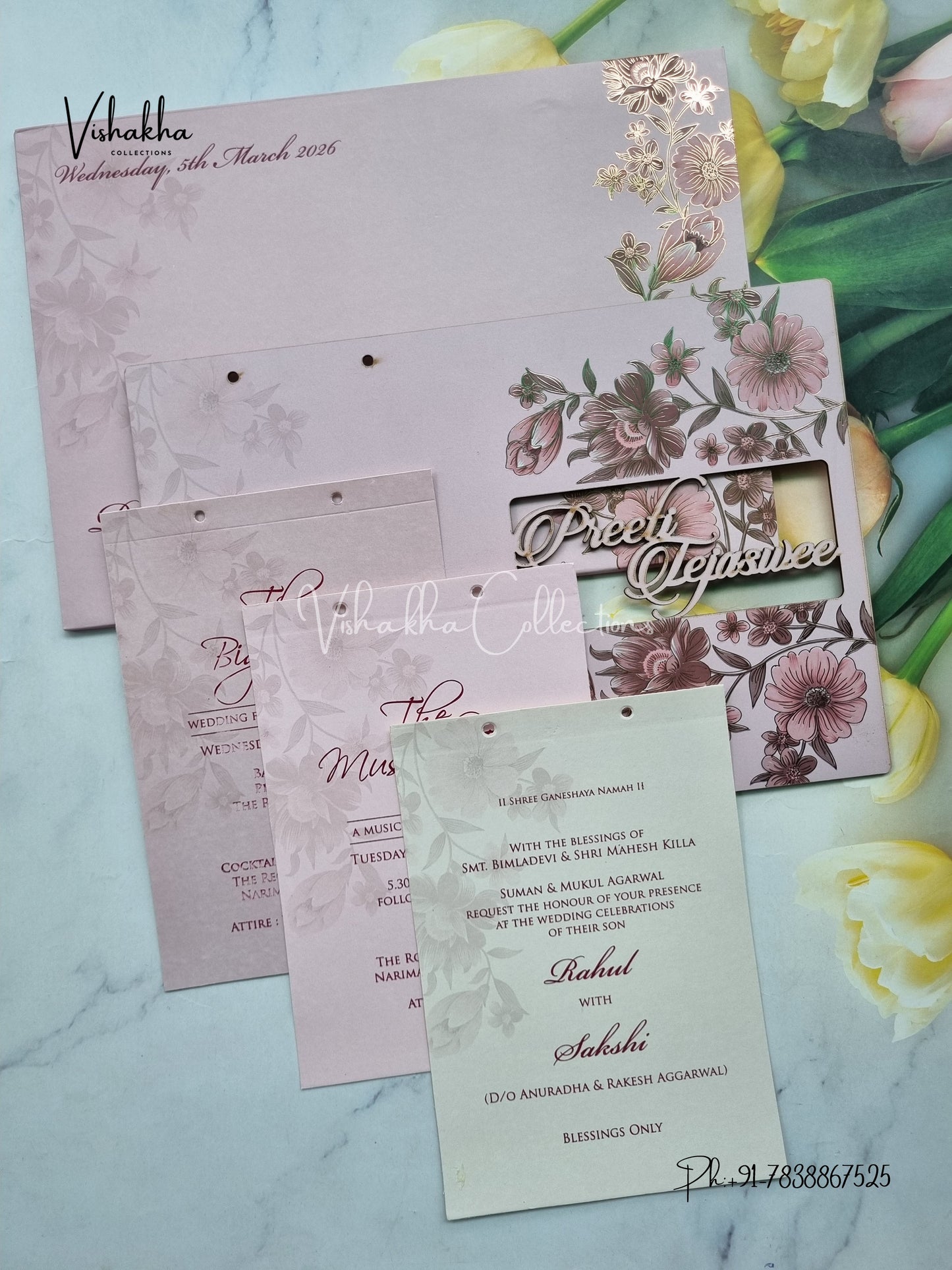 Semi Box Flower Hindu Muslim Christian Sikh Named MDF Laser Cut purple Colored invitation Cards SK-3362