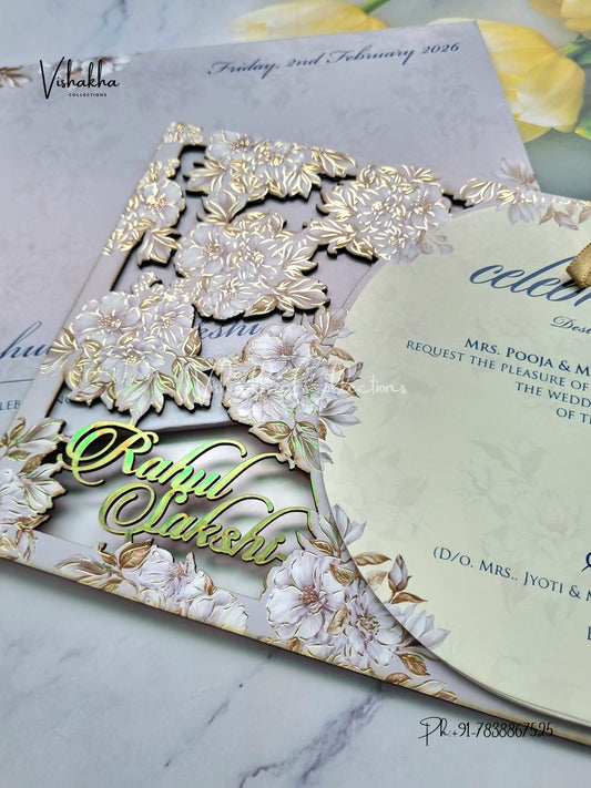 Semi Box Flower Hindu Muslim Christian Sikh Named MDF Laser Cut grey Colored invitation Cards SK-3366