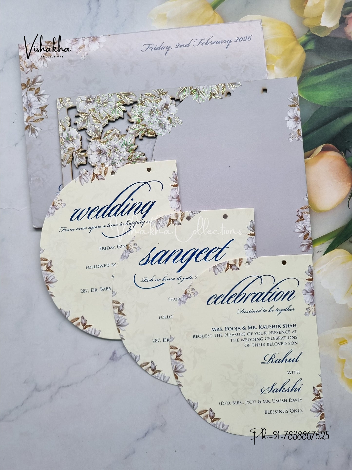 Semi Box Flower Hindu Muslim Christian Sikh Named MDF Laser Cut grey Colored invitation Cards SK-3366