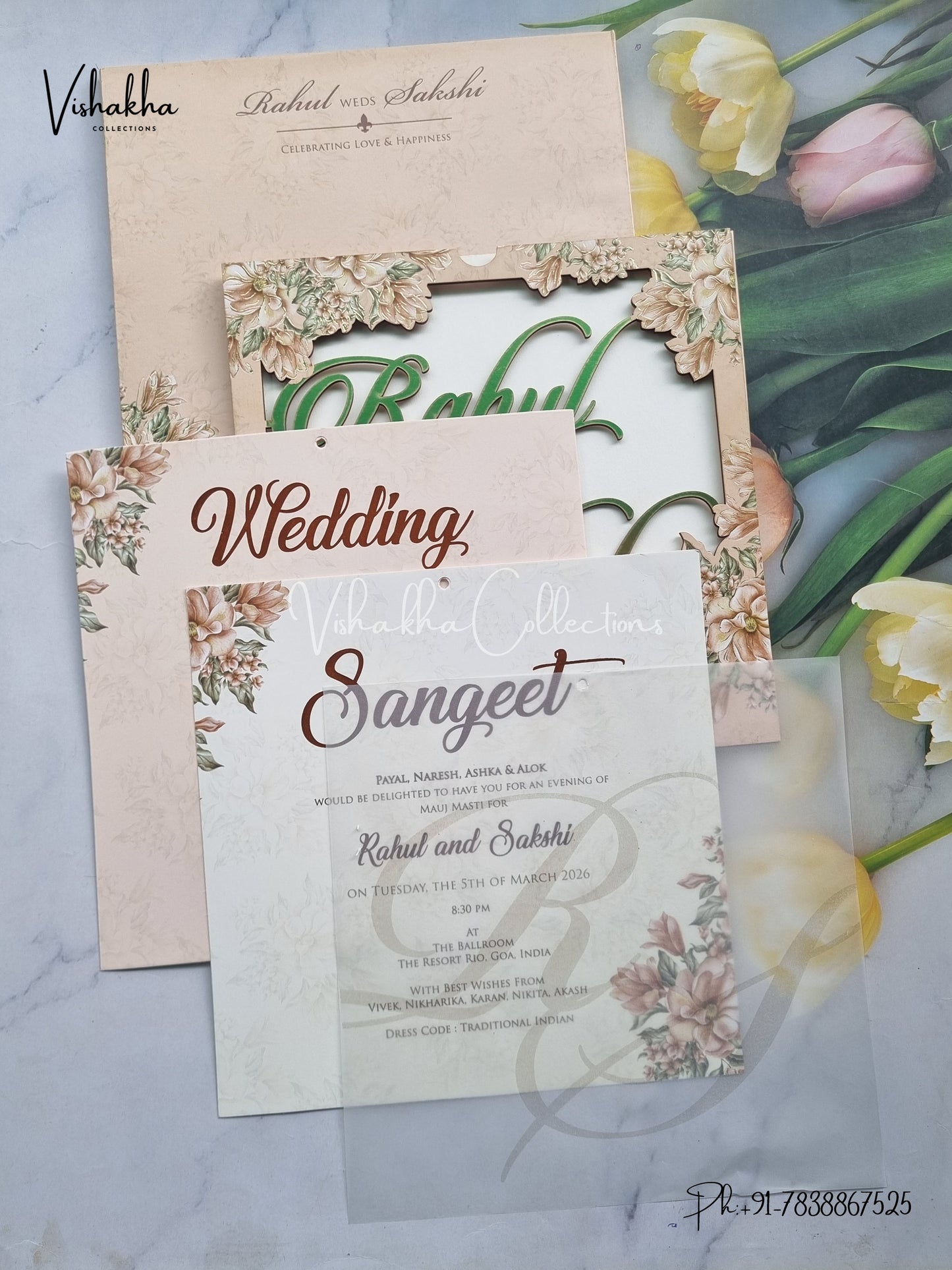 Semi Box Flower Hindu Muslim Christian Sikh Named MDF Laser Cut Vellum Paper muddy Colored invitation Cards SK-3367