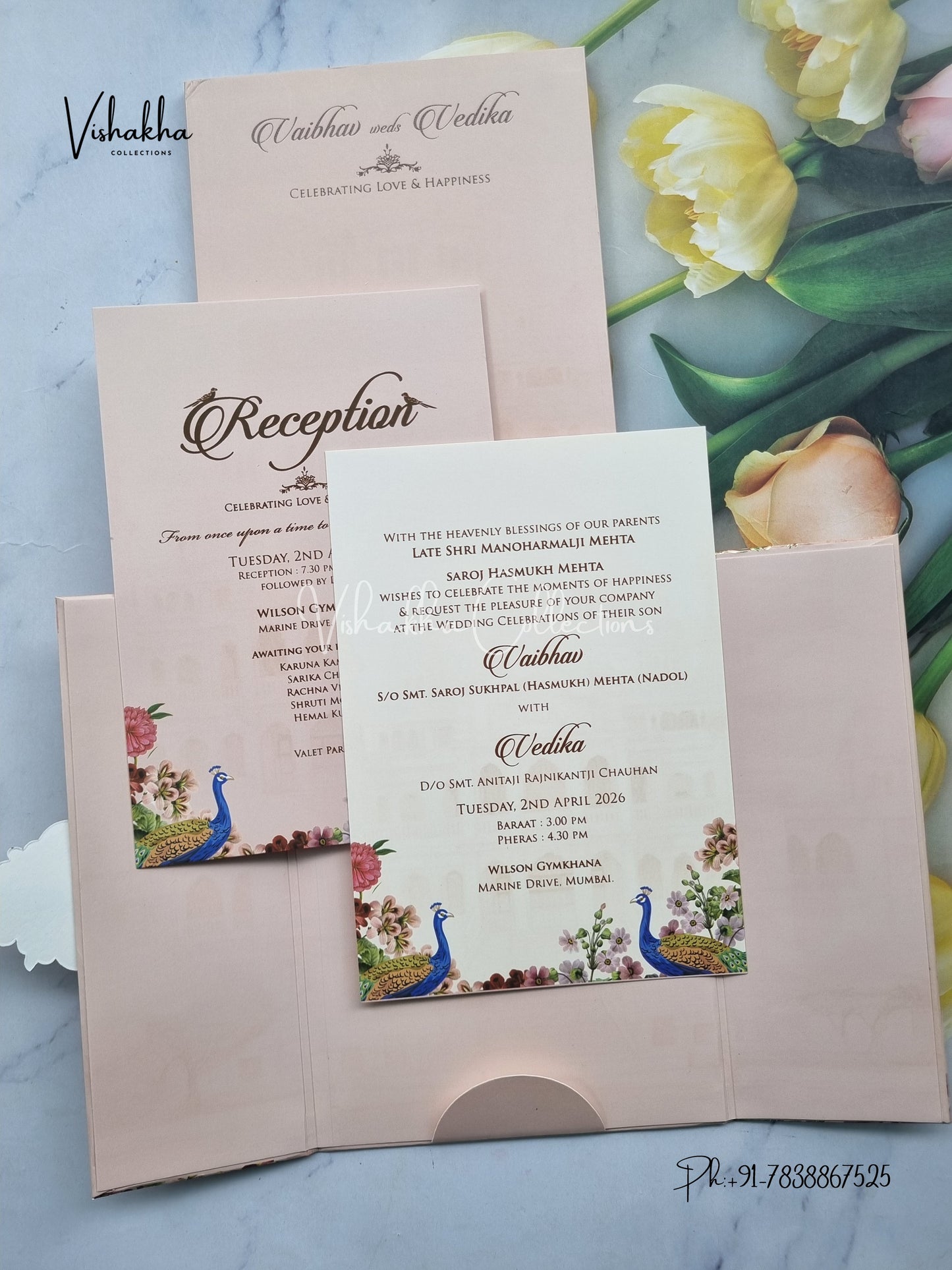 Peacock Semi Box Flower Double Door Hindu Muslim Christian Sikh peach Colored invitation Cards SK-3371