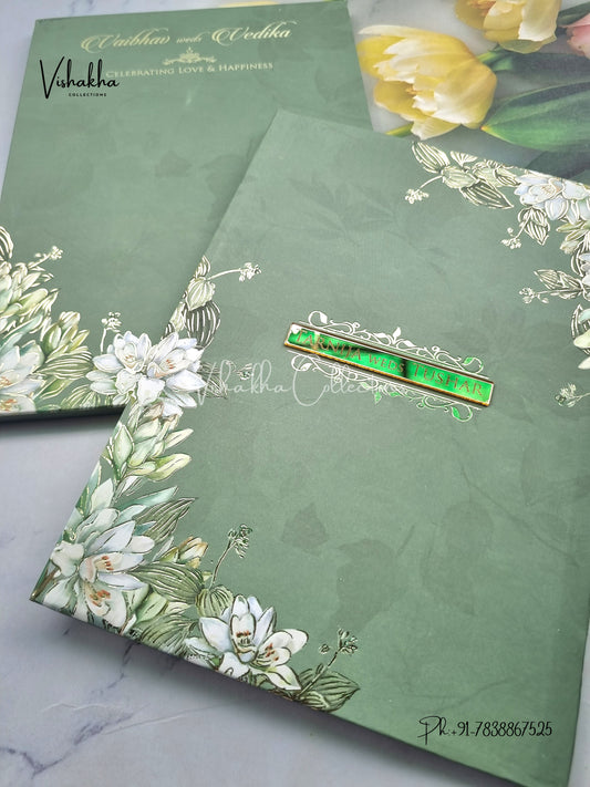 Semi Box Flower Hindu Muslim Christian Sikh pista green Colored invitation Cards SK-3374