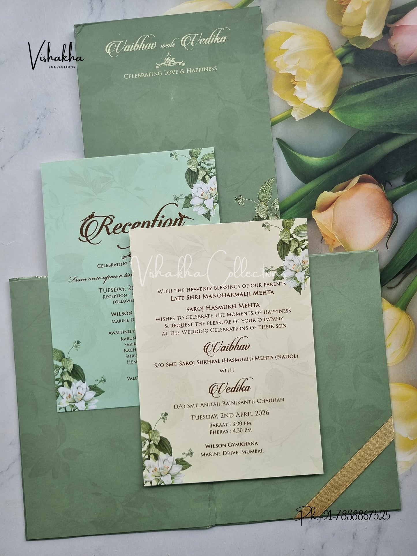 Semi Box Flower Hindu Muslim Christian Sikh pista green Colored invitation Cards SK-3374