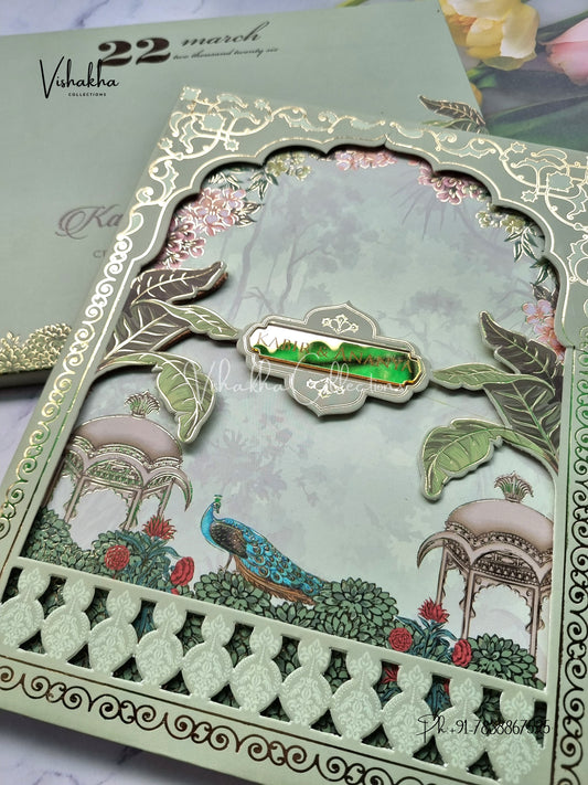 Peacock Hindu Muslim Christian Sikh Padded MDF Board Laser Cut pista green Colored invitation Cards SK-3381