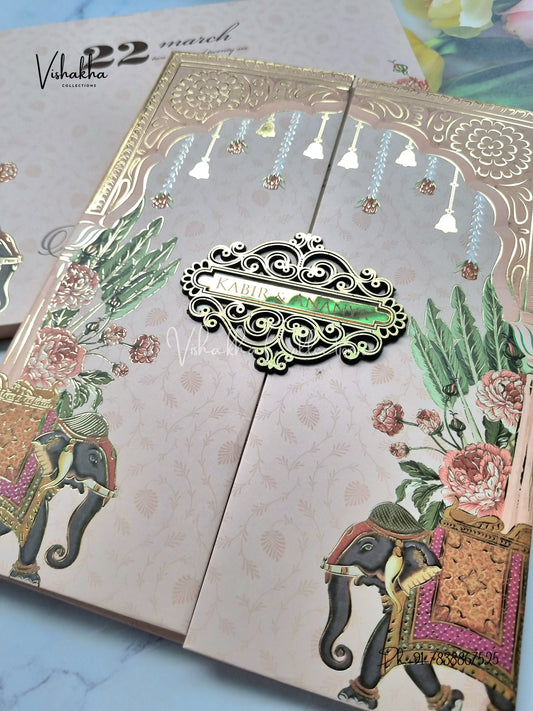 Hathi Hindu Muslim Christian Sikh Padded light peach Colored invitation Cards SK-3387