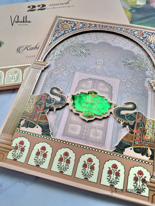 Hathi Hindu Muslim Christian Sikh Padded MDF Board Laser Cut light brown Colored invitation Cards SK-3388