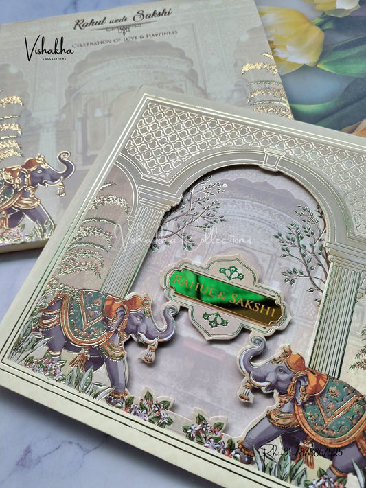 Hathi Hindu Muslim Christian Sikh Padded MDF Board Laser Cut light yellow Colored invitation Cards SK-3390