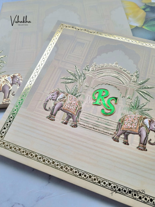 Hathi Hindu Muslim Christian Sikh Padded beige Colored invitation Cards SK-3395