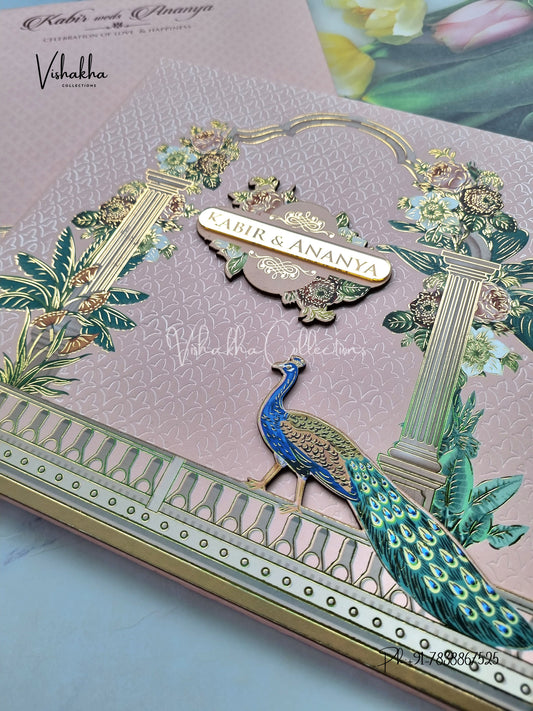 Peacock Hindu Muslim Christian Jain Sikh Padded MDF Board Laser Cut peach Colored invitation Cards SK-3401